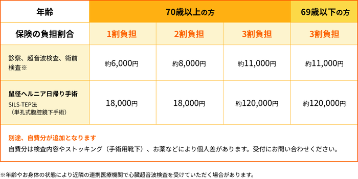 手術にかかる費用を説明する表